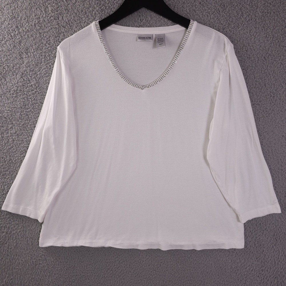Chicos Shirt Women 3 US XL White Rhinestone Trim V Neck 3/4 Sleeve Soft Knit Top